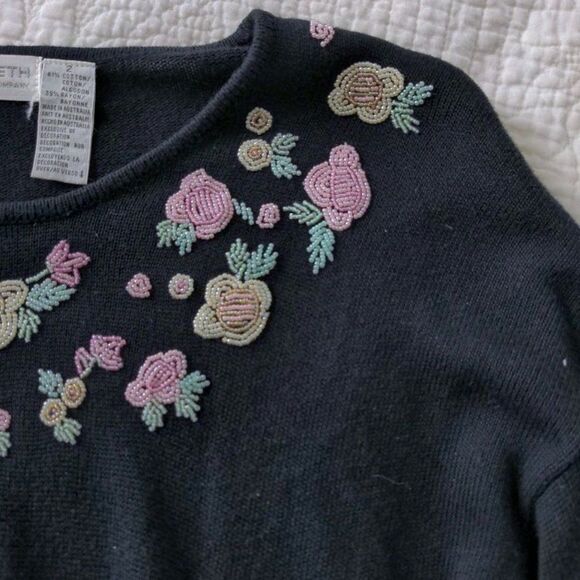 Vintage 1990s Elisabeth Liz Claiborne Sweater Dress Beaded Floral Oversized 2 - Picture 5 of 7